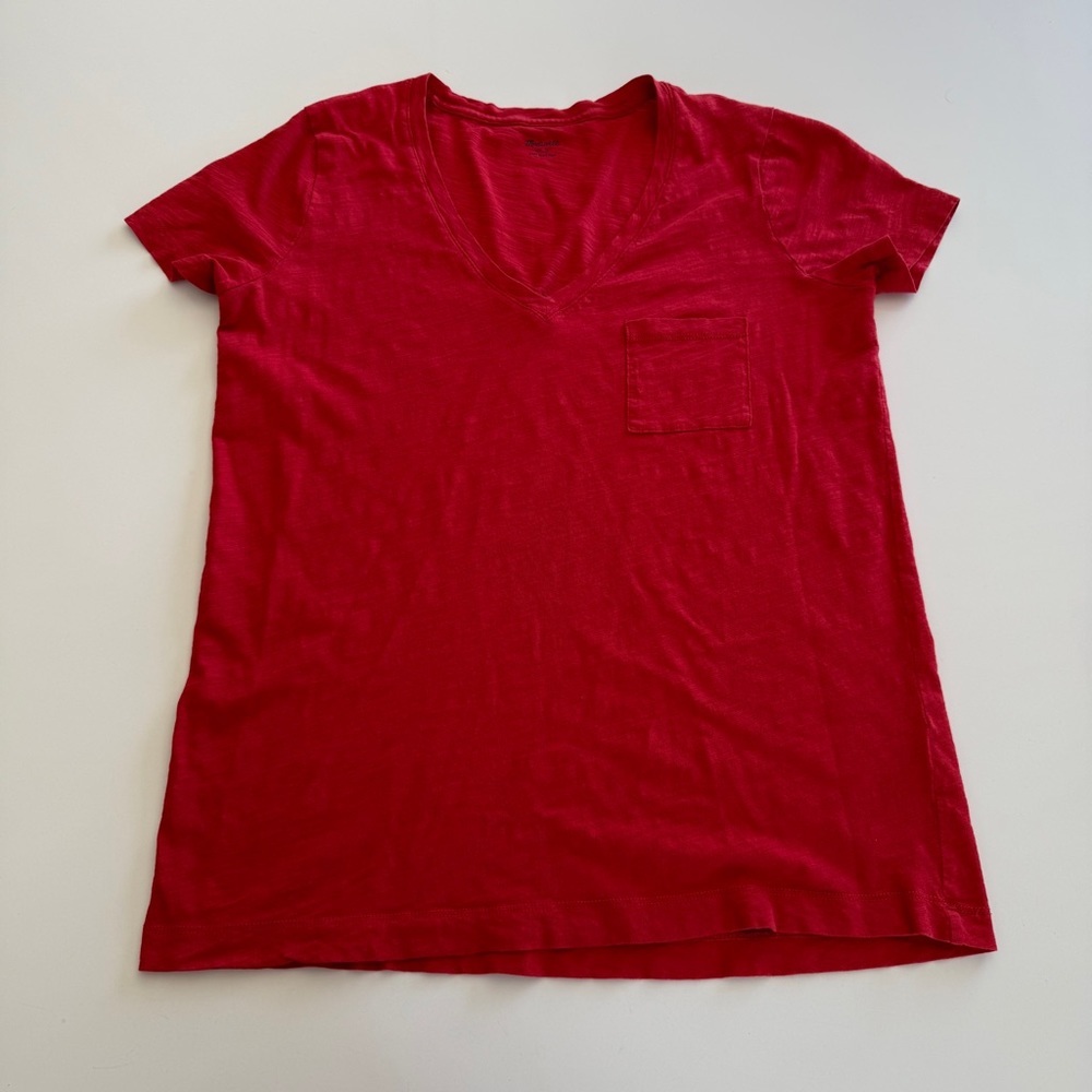 Madewell- V neck-Cotton-Short sleeve-Pocket Tee Shirt-Red-Women’s S